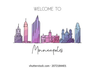 One single line drawing of Minneapolis city skyline, USA. Historical town landscape. Best holiday destination home wall decor poster print art. Trendy continuous line draw design vector illustration