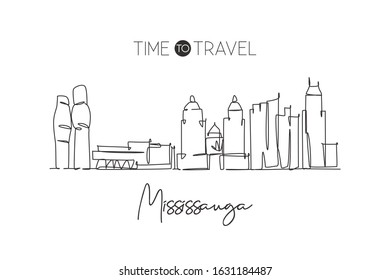 One single line drawing Mississauga city skyline Canada. World historical town landscape. Best place holiday destination home wall decor poster print. Continuous line draw design vector illustration