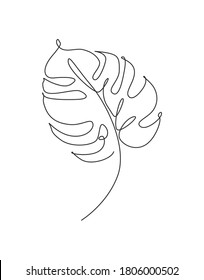 One single line drawing monstera leaf vector illustration. Minimal tropical leaves abstract floral pattern concept for poster, wall decor print. Modern continuous line graphic draw design