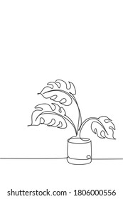 Eine einzige Linie, die Monstera-Blätter in Pot-Vektorgrafik zeichnet. Tropische Blätter minimalistischer Stil, Blumenmuster Konzept für Plakate, Wanddekor. Modernes, kontinuierliches Grafikdesign