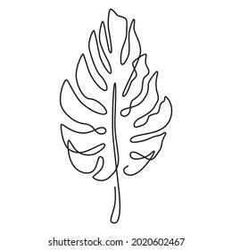 One single line drawing monstera leaf. Vector illustration. Line art style.