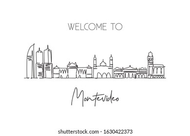 One single line drawing of Montevideo city skyline, Uruguay. World historical town landscape. Best holiday place destination. Editable stroke trendy continuous line draw design art vector illustration