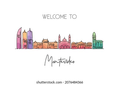 One single line drawing of Montevideo city skyline, Uruguay. World historical town landscape. Best holiday place destination. Editable stroke trendy continuous line draw design art vector illustration