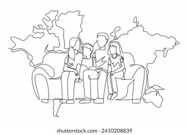 One single line drawing of mother, father, son and daughter sitting on modern sofa and talking together with big world map on the wall behind as background. Family time. Global Family Day