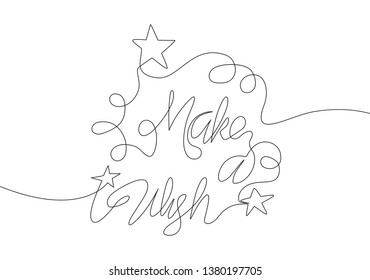 One single line drawing of motivational and inspirational lettering typography quote - Make a Wish. Calligraphic design for print, card, banner, poster. Continuous line draw design illustration