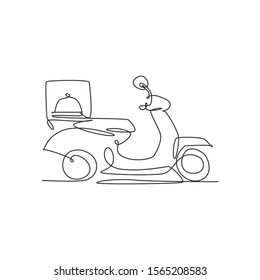 One single line drawing of motorcycle scooter with food box for food delivery service logo vector graphic illustration. Restaurant food delivery badge concept. Modern continuous line draw design