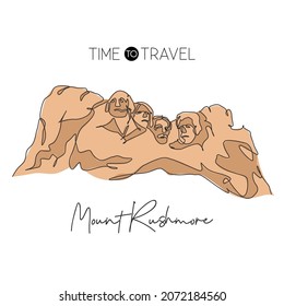 One single line drawing Mount Rushmore National Memorial landmark. World famous place in USA. Tourism travel postcard home wall decor concept. Modern continuous line draw design vector illustration