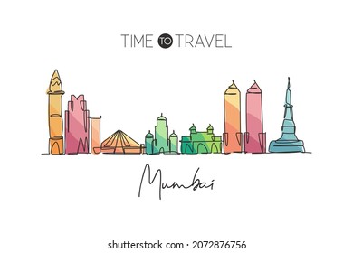 One single line drawing of Mumbai city skyline, India. Historical town landscape in the world. Best holiday destination. Editable stroke trendy continuous line draw design vector graphic illustration