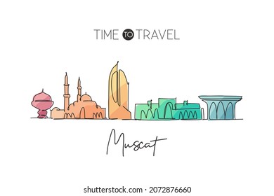 One single line drawing of Muscat city skyline, Oman. Historical town landscape in the world. Best holiday destination. Editable stroke trendy continuous line draw design vector graphic illustration