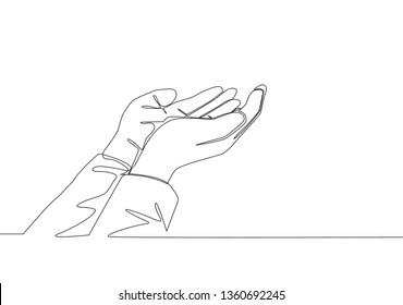 One single line drawing of muslim people open and raise hands to pray to God. Islamic holy day Ramadan Kareem and Eid Mubarak greeting card concept continuous line draw design vector illustration