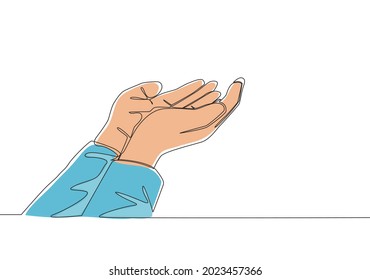 Una sola línea de dibujo de musulmanes se abre y levanta manos para rezar a Dios. Día sagrado islámico Ramadan Kareem y Eid Mubarak el concepto de tarjeta de saludo línea contínua diseño de trazado vector ilustración