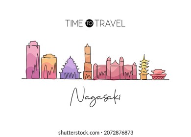 One single line drawing of Nagasaki city skyline, Japan. Historical town landscape in the world. Best holiday destination poster. Editable stroke trendy continuous line draw design vector illustration