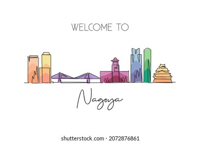 One single line drawing of Nagoya city skyline, Japan. Historical town landscape in the world. Best holiday destination poster. Editable stroke trendy continuous line draw design vector illustration