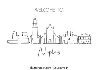 One single line drawing of Naples city skyline, Italy. Historical skyscraper landscape in world. Best holiday destination wall decor poster art. Trendy continuous line draw design vector illustration