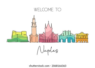 One single line drawing of Naples city skyline, Italy. Historical skyscraper landscape in world. Best holiday destination wall decor poster art. Trendy continuous line draw design vector illustration