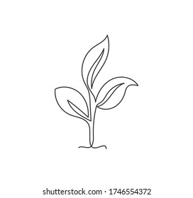 One single line drawing of natural green organic plantation for farming logo identity. Plant bud ecology icon concept from growth leaf shape. Trendy continuous line draw design vector illustration