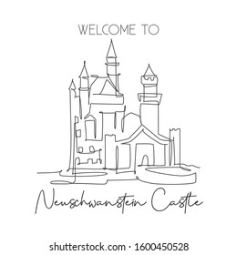 One single line drawing Neuschwanstein Castle landmark. World famous in Hohenschwangau Germany. Tourism travel postcard home wall decor poster concept. Continuous line draw design vector illustration