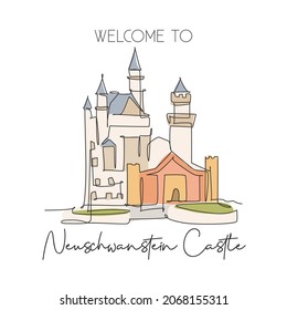 One single line drawing Neuschwanstein Castle landmark. World famous in Hohenschwangau Germany. Tourism travel postcard home wall decor poster concept. Continuous line draw design vector illustration