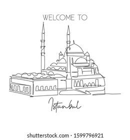 One single line drawing New Mosque landmark. World famous iconic cityscape in Istanbul Turkey. Tourism travel postcard wall decor poster concept. Modern continuous line draw design vector illustration