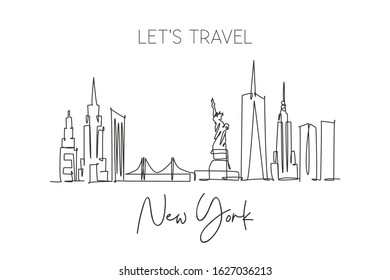 One single line drawing New York city skyline United States  Historical town landscape in world  Best holiday destination poster  Editable stroke trendy continuous line draw design vector illustration