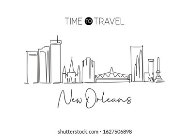 One single line drawing of New Orleans city skyline, Louisiana. Historical town landscape in the world. Best holiday destination. Editable stroke trendy continuous line draw design vector illustration