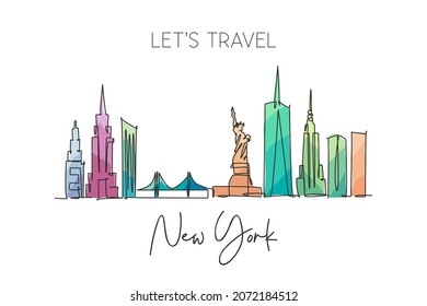 One single line drawing New York city skyline United States. Historical town landscape in world. Best holiday destination poster. Editable stroke trendy continuous line draw design vector illustration