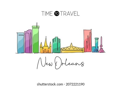 One single line drawing of New Orleans city skyline, Louisiana. Historical town landscape in the world. Best holiday destination. Editable stroke trendy continuous line draw design vector illustration