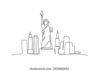 One single line drawing New York city skyline United States. Historical town landscape in world. Best holiday destination poster. Editable stroke trendy continuous line draw design vector illustration