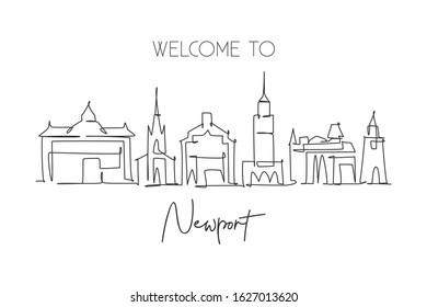 One single line drawing of Newport city skyline, Wales. Historical town landscape. Best holiday destination home wall decor poster print art. Trendy continuous line draw design vector illustration