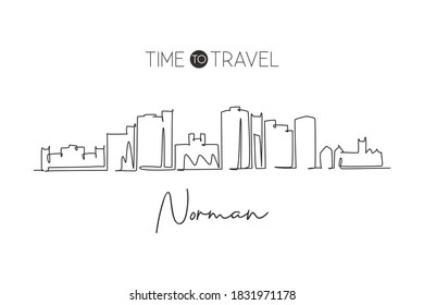 One single line drawing Norman city skyline, Oklahoma. World historical town landscape postcard print. Best holiday destination. Editable stroke trendy continuous line draw design vector illustration