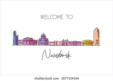 One single line drawing Novosibirsk city skyline, Russia. World historical town landscape. Best place holiday destination postcard art. Editable trendy continuous line draw design vector illustration
