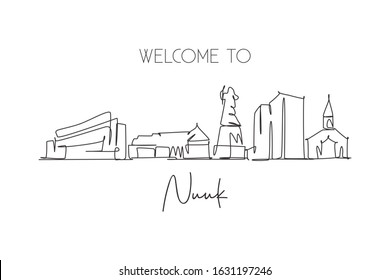 One single line drawing of Nuuk city skyline, Greenland. World town landscape home wall decor poster print art. Best place holiday destination. Trendy continuous line draw design vector illustration