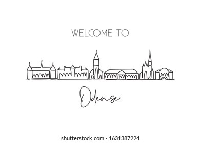 One single line drawing Odense city skyline, Denmark. World historical town landscape postcard. Best place holiday destination. Editable stroke trendy continuous line draw design vector illustration