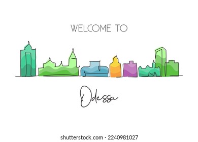 One single line drawing Odessa city skyline, Texas. World historical town landscape postcard. Best holiday destination. Editable stroke trendy continuous line draw design vector graphic illustration