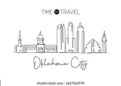 One single line drawing of Oklahoma city skyline United States. Historical town landscape. Best holiday destination home decor wall art poster. Trendy continuous line draw design vector illustration