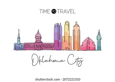 One single line drawing of Oklahoma city skyline United States. Historical town landscape. Best holiday destination home decor wall art poster. Trendy continuous line draw design vector illustration