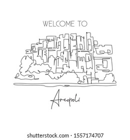 One single line drawing old Areopoli Greek village landmark. World famous place in Greece. Tourism travel postcard wall decor poster art concept. Modern continuous line draw design vector illustration