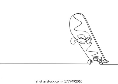 One single line drawing of old retro skateboard. Hipster extreme classic long board sport concept continuous graphic line draw design vector illustration