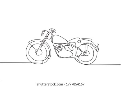 One single line drawing of old retro vintage motorcycle. Vintage motorbike transportation concept continuous line draw design graphic vector illustration