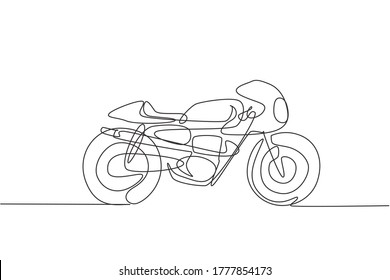 One single line drawing of old retro vintage motorcycle. Vintage motorbike transportation concept continuous line draw design graphic vector illustration