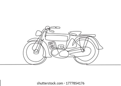 One single line drawing of old retro vintage motorcycle. Vintage motorbike transportation concept continuous line graphic draw design vector illustration