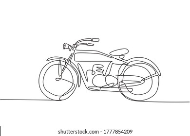 One single line drawing of old retro vintage motorcycle. Vintage motorbike transportation concept continuous line draw design vector graphic illustration