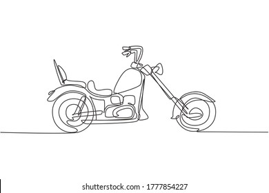 One single line drawing of old retro vintage chopper motorcycle. Vintage motorbike transportation concept continuous line graphic draw design vector illustration