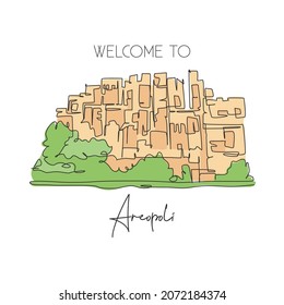 One single line drawing old Areopoli Greek village landmark. World famous place in Greece. Tourism travel postcard wall decor poster art concept. Modern continuous line draw design vector illustration