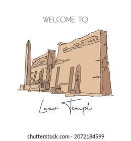 One single line drawing old Ancient Egyptian Luxor Temple landmark. World famous place in Egypt. Tourism travel postcard home decor wall poster. Modern continuous line draw design vector illustration