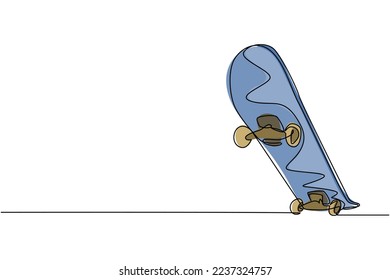 One single line drawing of old retro skateboard. Hipster extreme classic long board sport concept continuous graphic line draw design vector illustration
