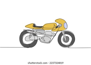 One single line drawing of old retro vintage motorcycle. Vintage motorbike transportation concept continuous line draw design graphic vector illustration