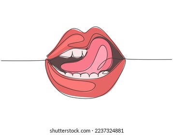 One single line drawing of old retro classic iconic lips and tongue from 80s era. Vintage icon concept continuous line draw design vector illustration graphic