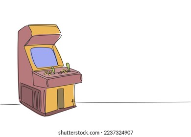 One single line drawing of old retro classic arcade video game machine at game center. Vintage coin based console game concept continuous line draw design graphic vector illustration