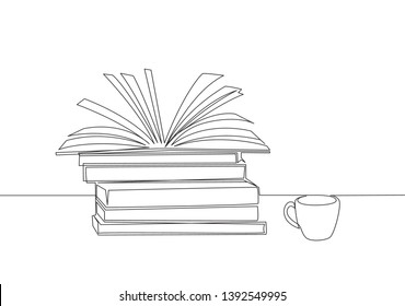 One single line drawing opened page book and cup hot black espresso coffee at school library  Book is window to the world concept  Continuous line draw graphic design vector illustration